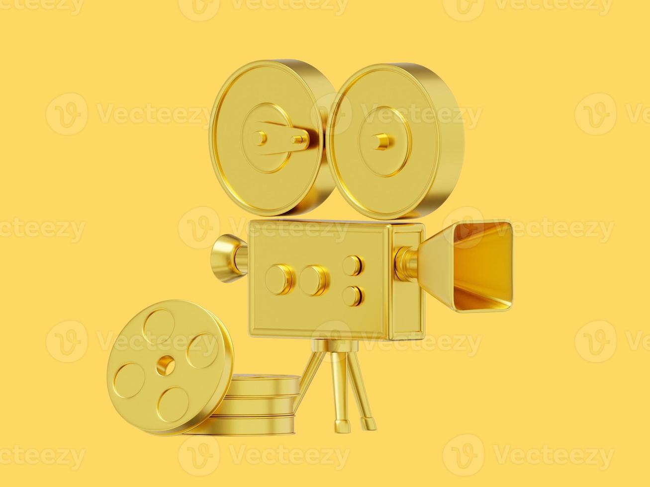 Vintage gold cartoon style movie camera. Funny retro video camera. 3D rendering. Icon on yellow background photo