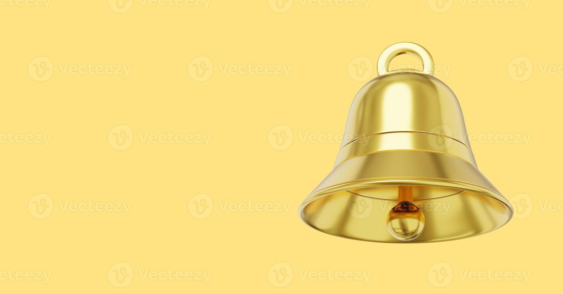 Bell metal gold, notification symbol. 3D rendering. Icon on yellow background, space for text. photo
