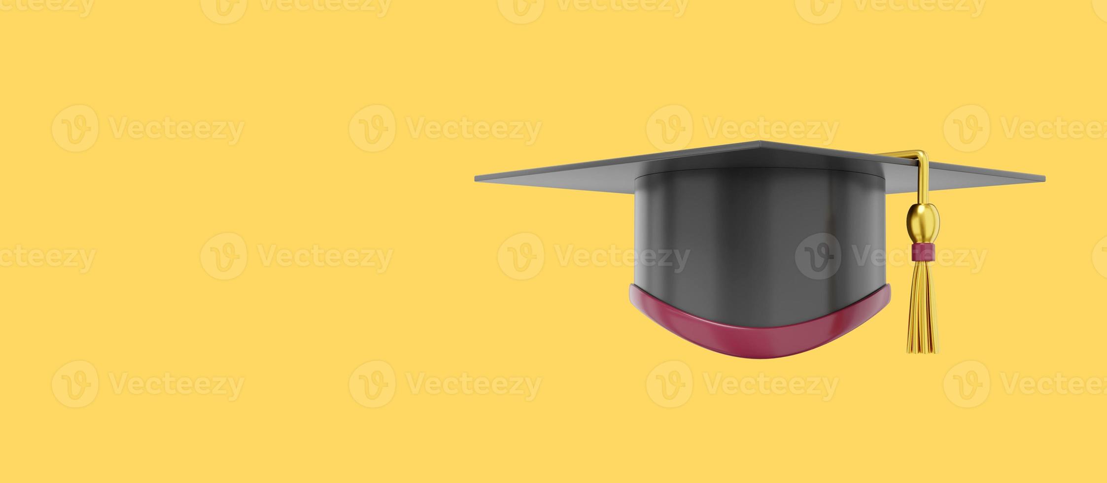 Graduate cap. Mortar board for a student at a university, school, college. 3D rendering. Realistic black icon on color background with space for text. photo