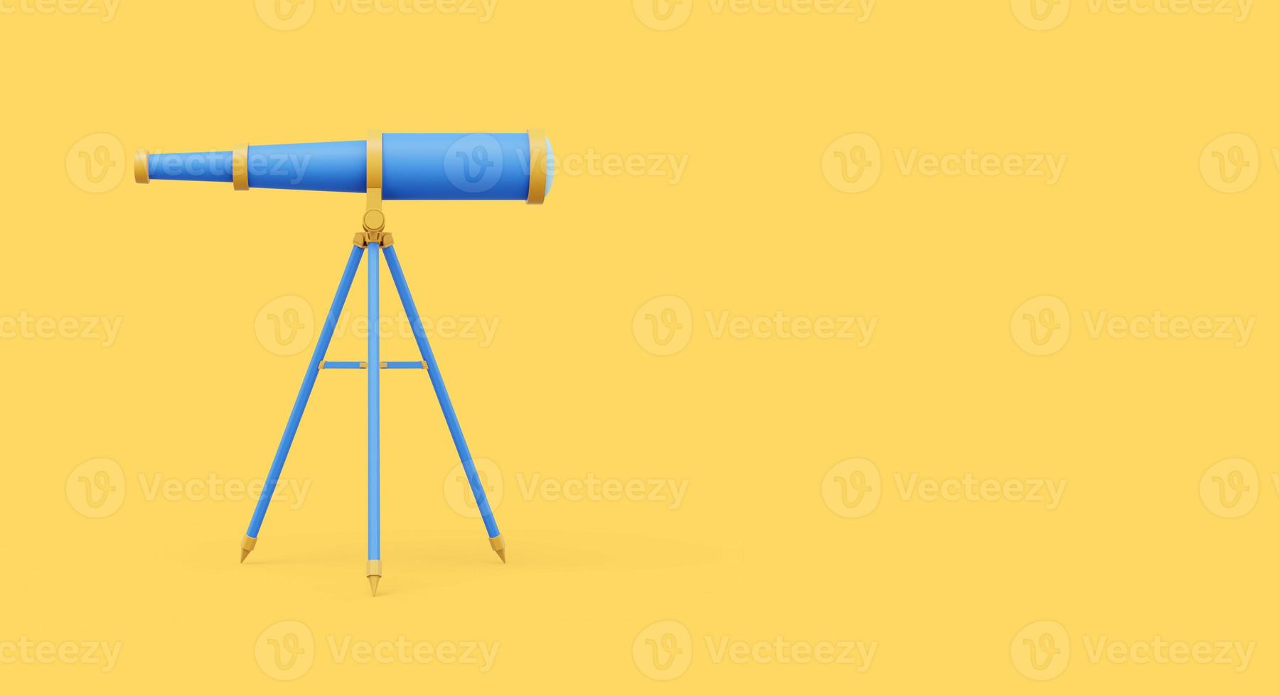 Multicolored telescope, side view. 3d rendering. Icon on yellow background, space for text. photo