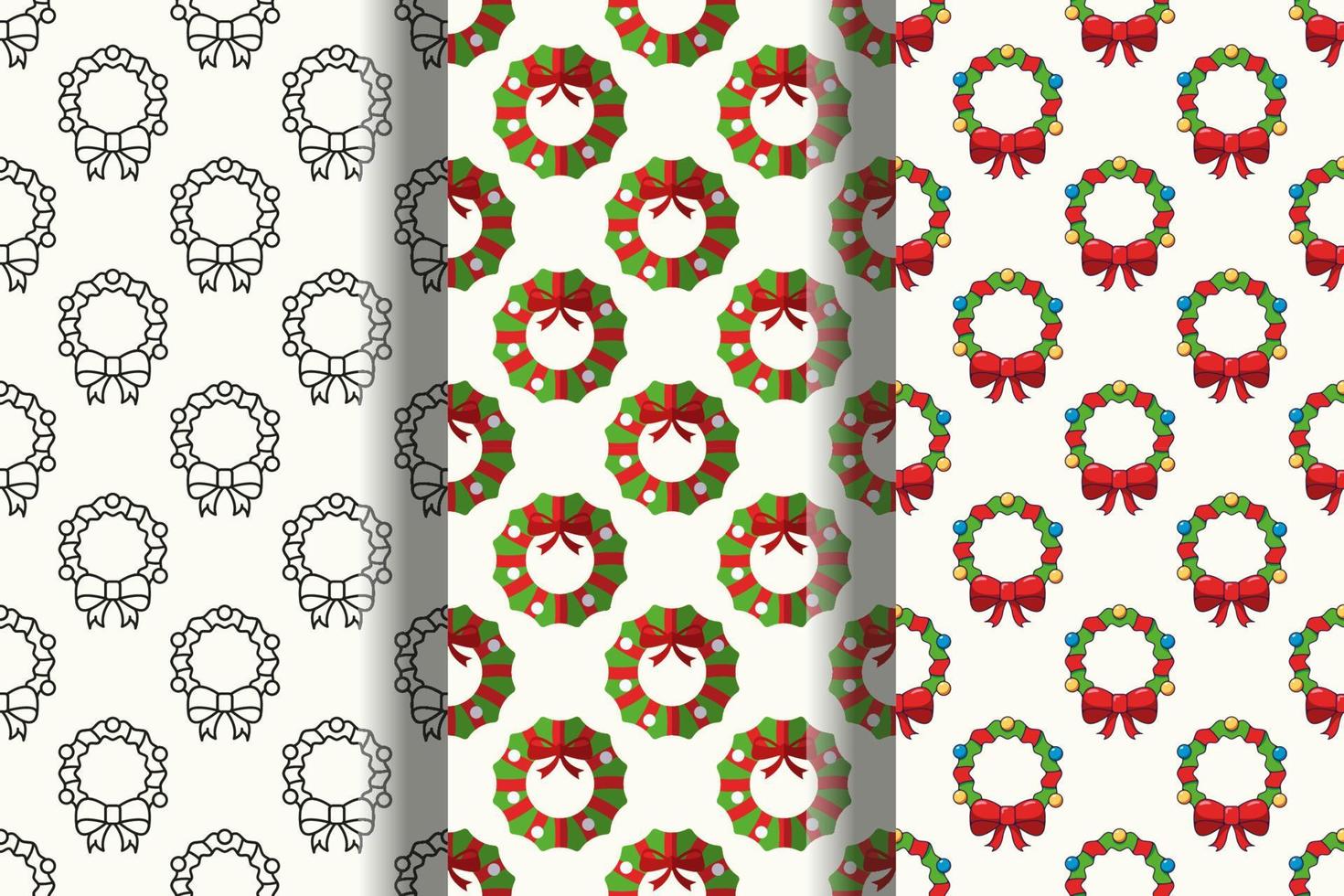 Pack of colorful seamless vector patterns of Christmas wreath