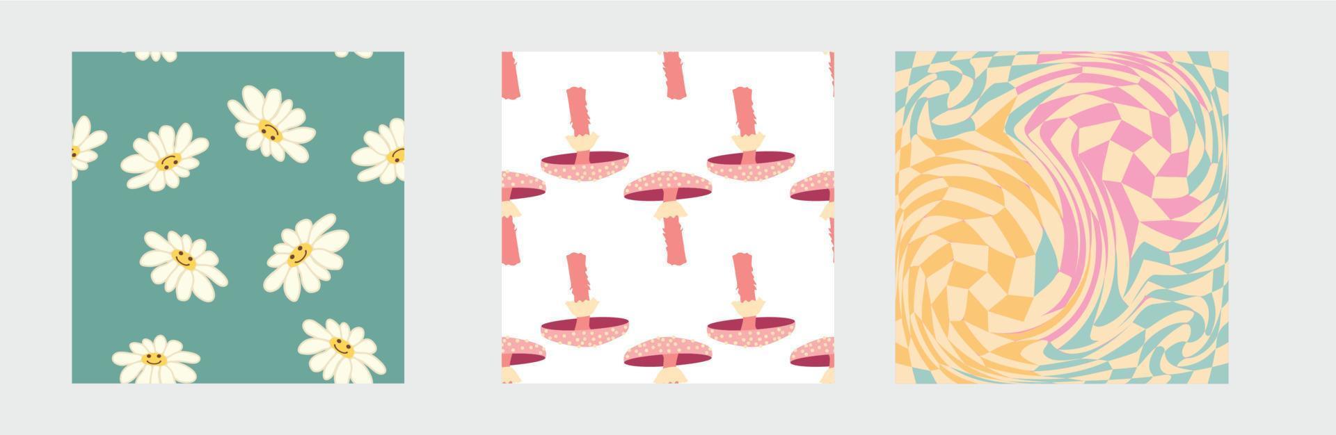 Set of retro 70s seamless pattern. Floral, swirl, mushrooms, peace symbol, camomile, smile vector