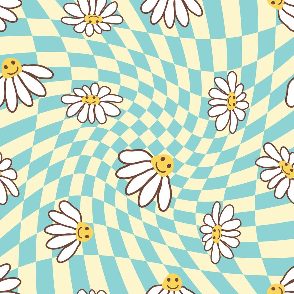 Retro Smile Chamomile Seamless Pattern on 1970 Wavy Swirl Seamless Pattern. Hippie Aesthetic. vector