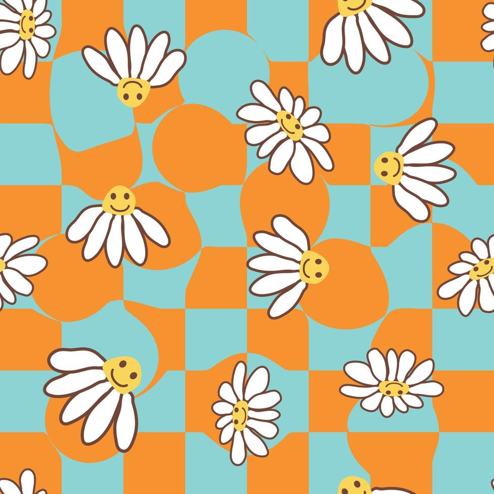 Retro Smile Chamomile Seamless Pattern on 1970 Wavy Swirl Seamless Pattern. Hippie Aesthetic. vector