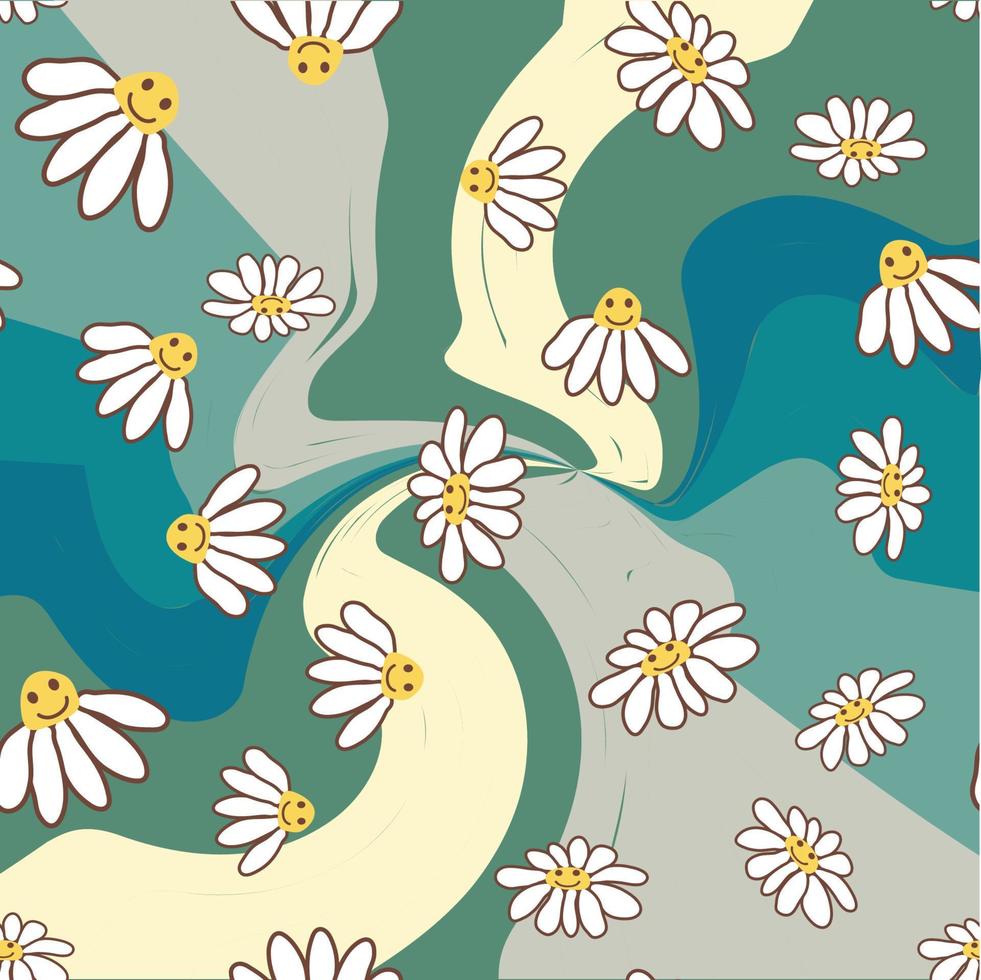 Retro Smile Chamomile Seamless Pattern on 1970 Wavy Swirl Seamless Pattern. Hippie Aesthetic. vector