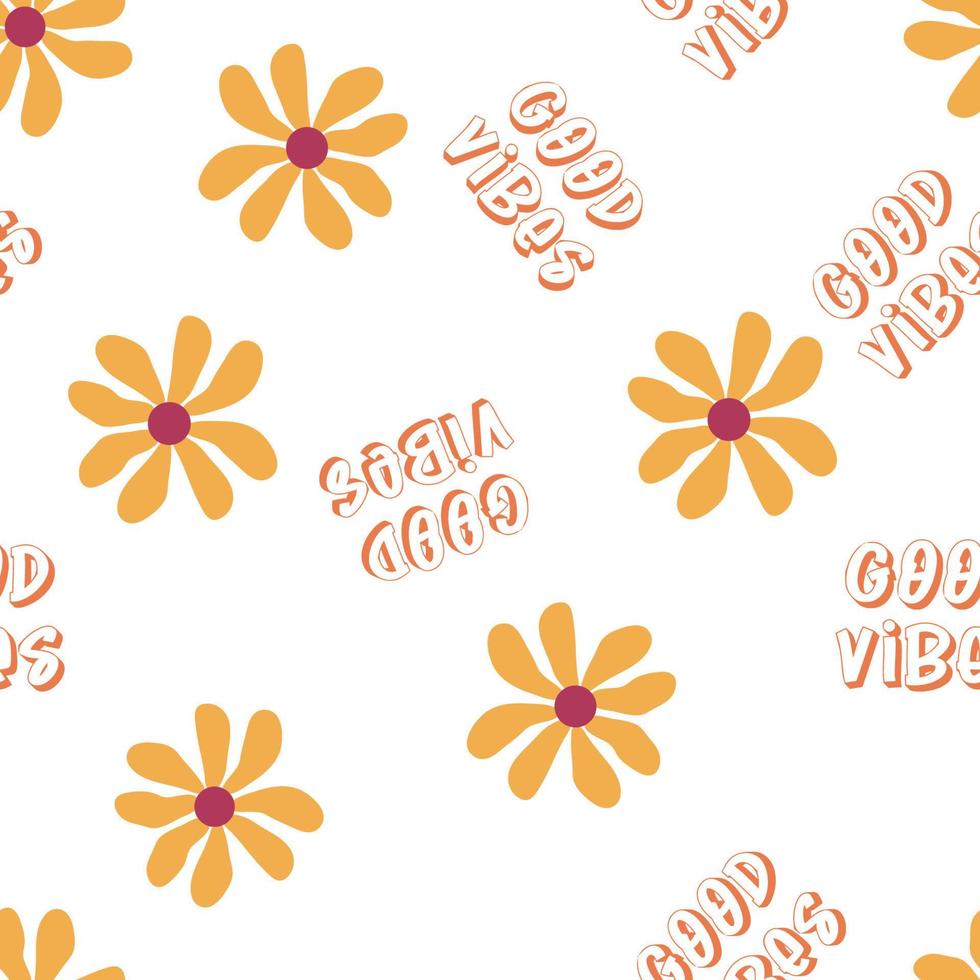 Love heart, daisies, waves of positivity retro 70s seamless pattern. Yellow, orange, red scattered heart shapes on a swirling background vector