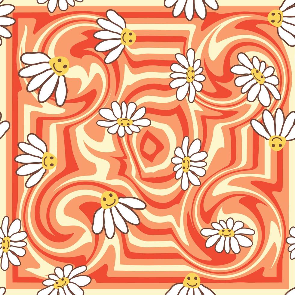 Retro Smile Chamomile Seamless Pattern on 1970 Wavy Swirl Seamless Pattern. Hippie Aesthetic. vector