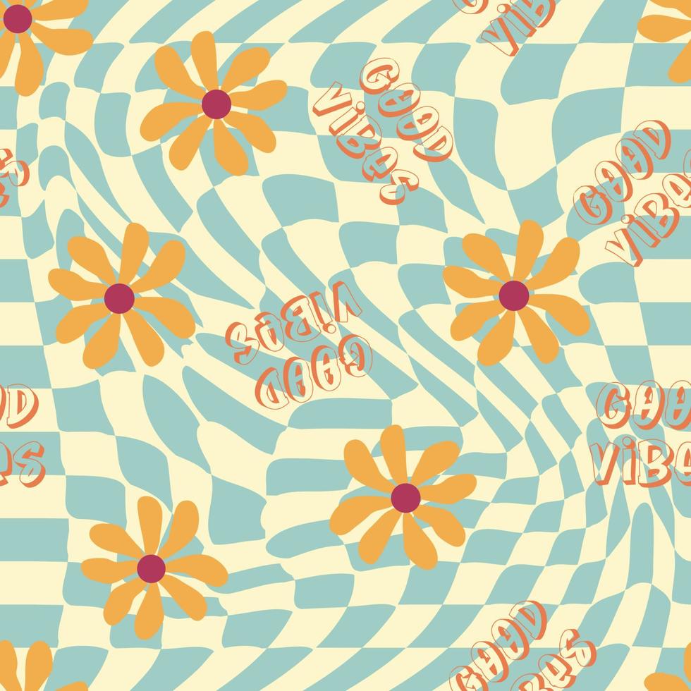 Love heart, daisies, waves of positivity retro 70s seamless pattern. Yellow, orange, red scattered heart shapes on a swirling background vector