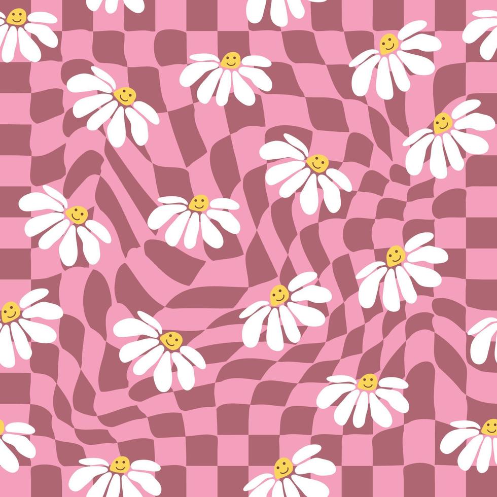 Retro Smile Chamomile Seamless Pattern on 1970 Wavy Swirl Seamless Pattern. Hippie Aesthetic. vector