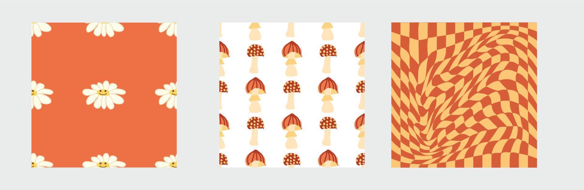 Set of retro 70s seamless pattern. Floral, swirl, mushrooms, peace symbol, camomile, smile vector