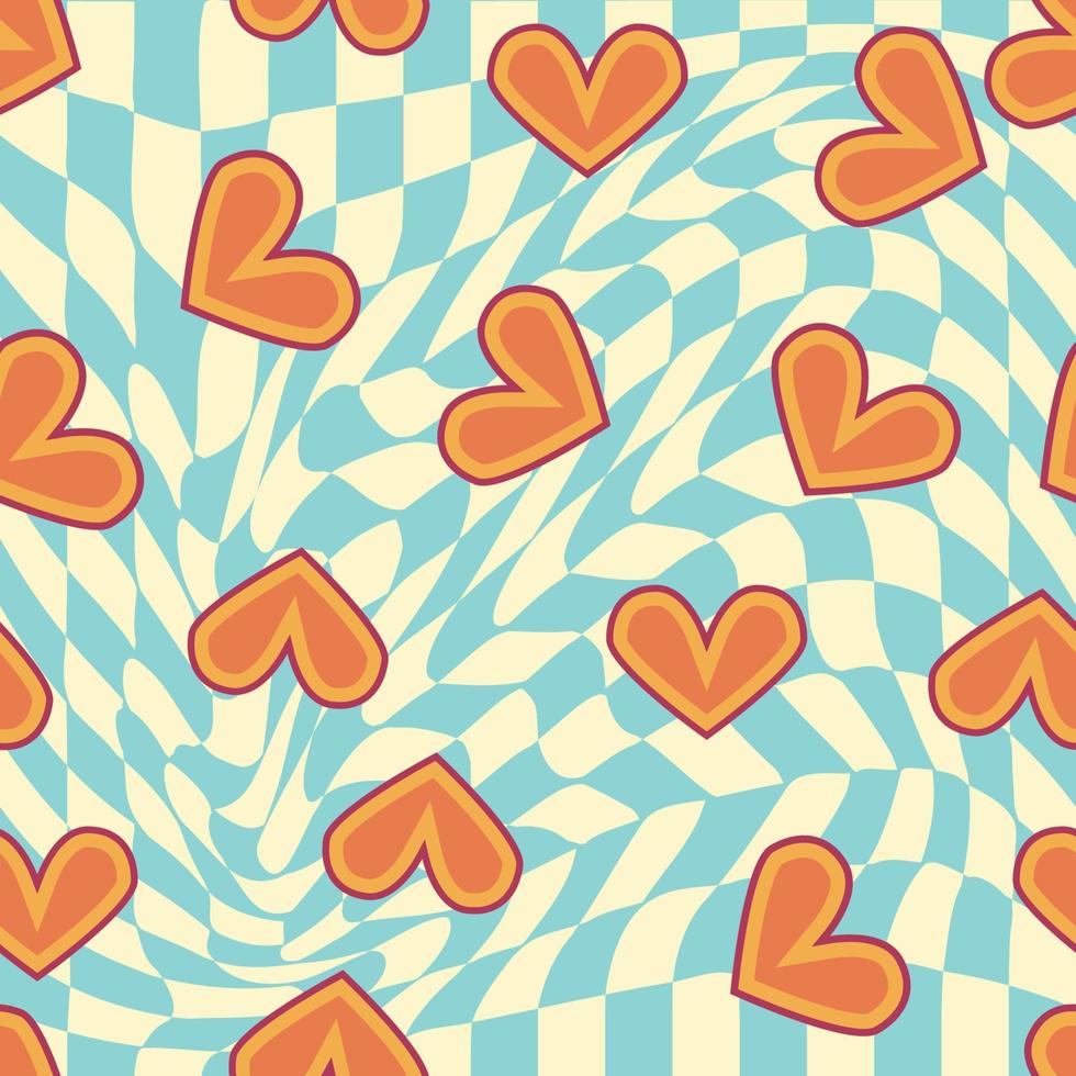 Love heart, daisies, waves of positivity retro 70s seamless pattern. Yellow, orange, red scattered heart shapes on a swirling background vector