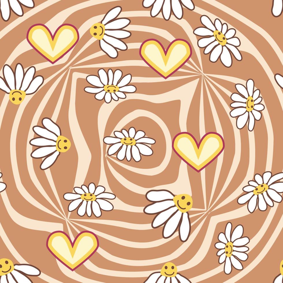 Retro Smile Chamomile Seamless Pattern on 1970 Wavy Swirl Seamless Pattern. Hippie Aesthetic. vector