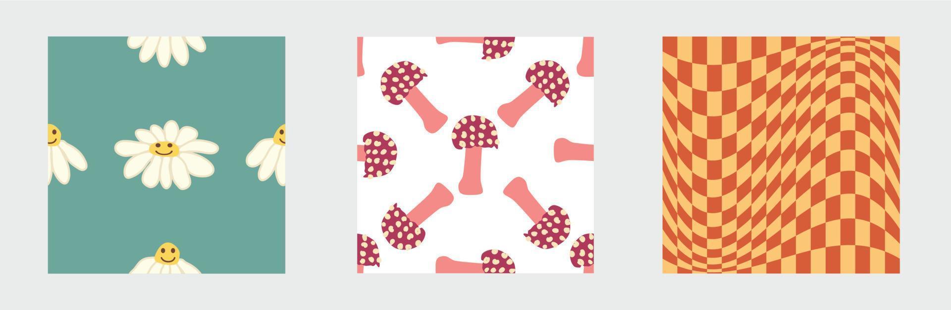 Set of retro 70s seamless pattern. Floral, swirl, mushrooms, peace symbol, camomile, smile vector