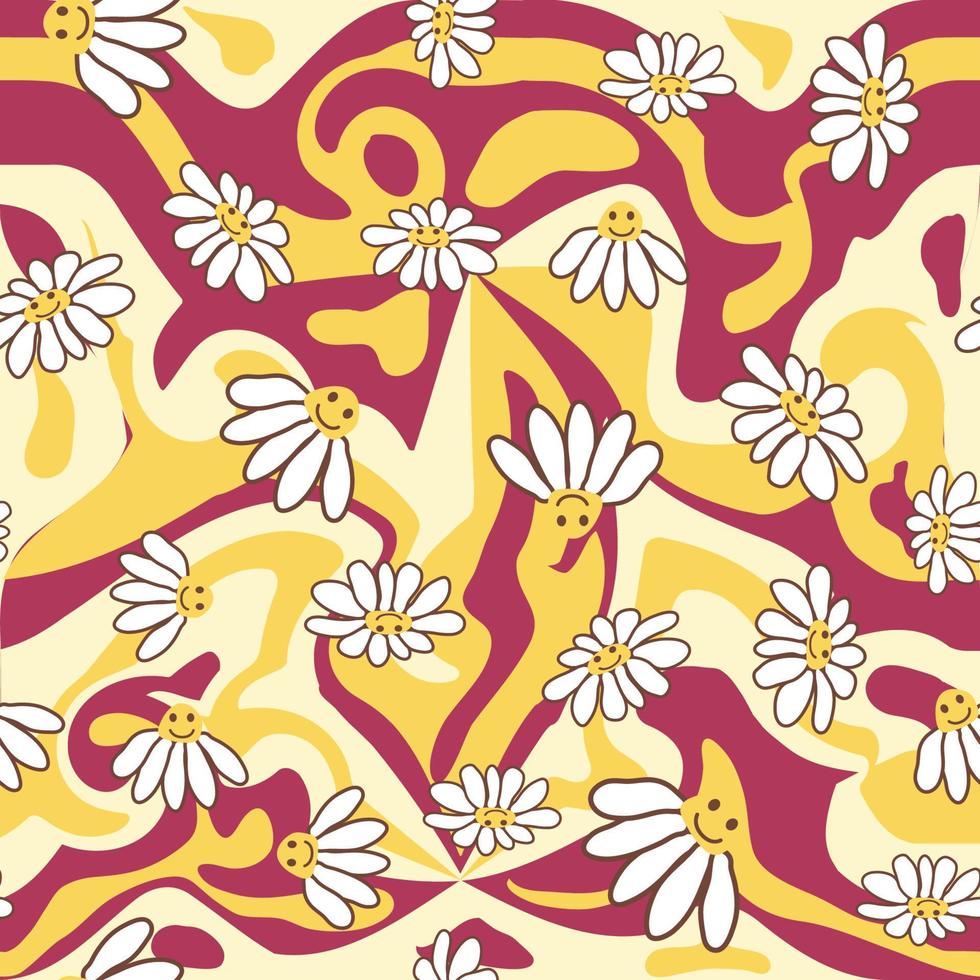 Retro Smile Chamomile Seamless Pattern on 1970 Wavy Swirl Seamless Pattern. Hippie Aesthetic. vector