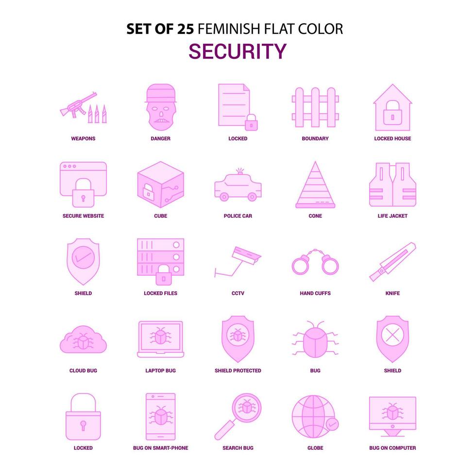 conjunto de 25 conjunto de iconos rosa de color plano de seguridad femenina vector