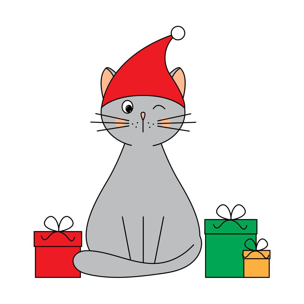 Cat with gifts. Cute pet with santa hat sitting near gift boxes. Cartoon character. Vector illustration. Flat style