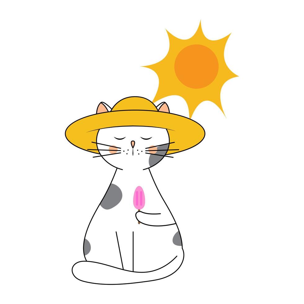 lindo gato en un sombrero de Panamá comiendo helado. ilustración infantil al estilo garabato. Hola Verano. gráficos vectoriales vector