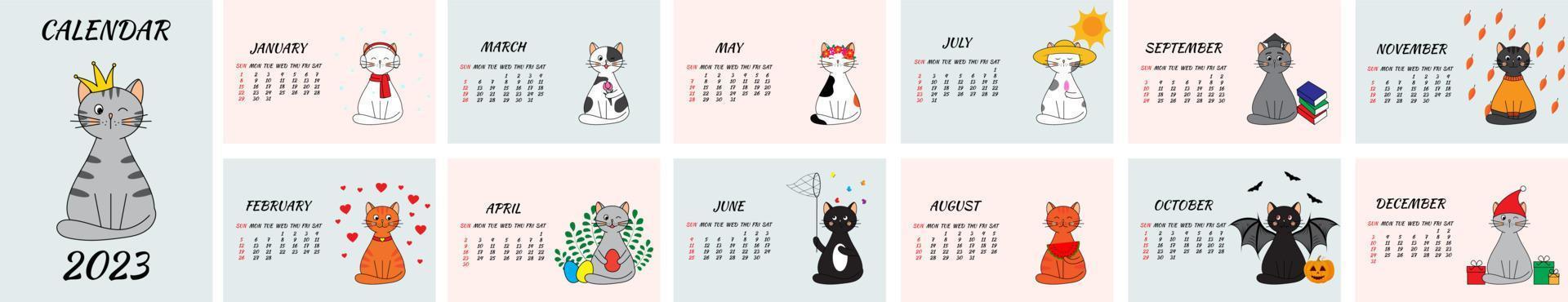 año chino del gato. calendario de pared para 2023 con lindos gatos de estilo plano. Gatos diferentes para cada mes. conjunto de 12 páginas. ilustración vectorial vector