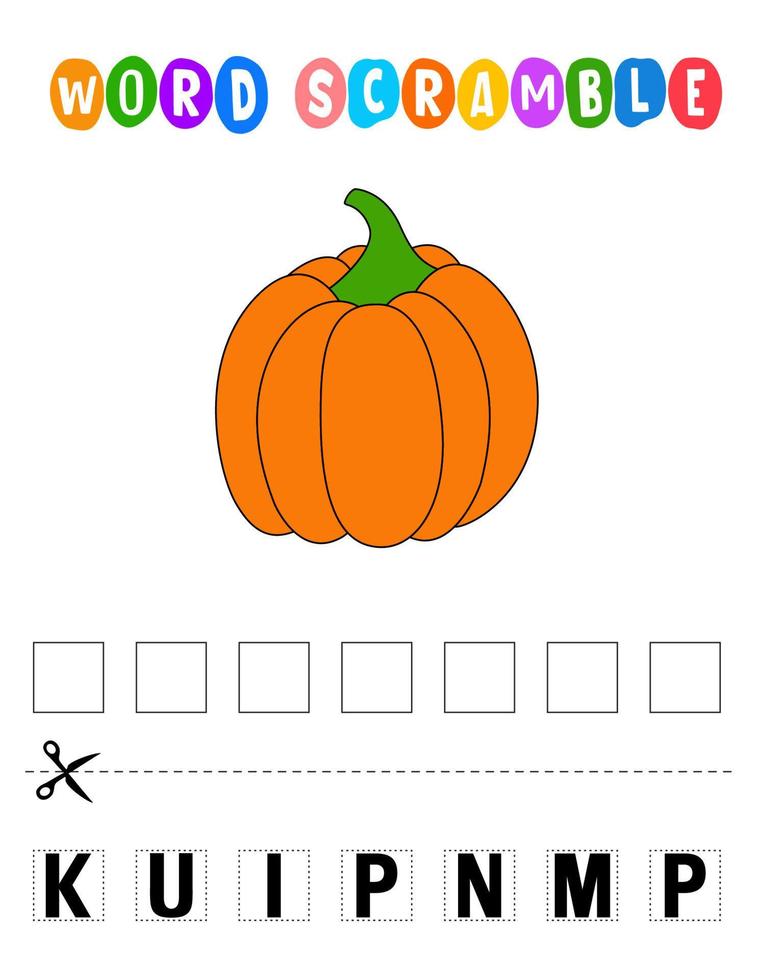 Pumpkin Word scramble . Educational game for kids. English language spelling worksheet for preschool children. vector