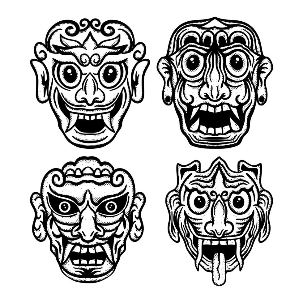 conjunto de colección máscara de diablo doodle ilustración boceto dibujado a mano colorido para tatuajes, pegatinas, etc. vector