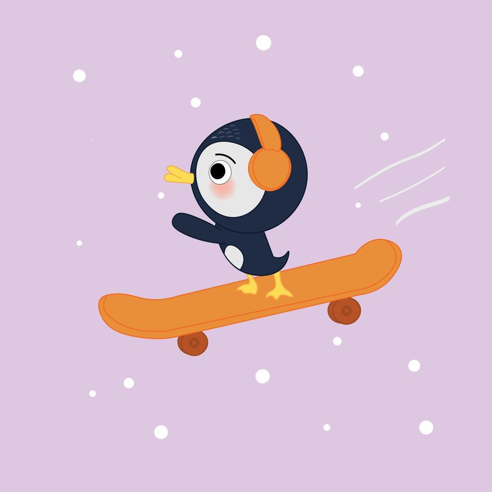 lindo pingüino jugando patineta con orejeras vector