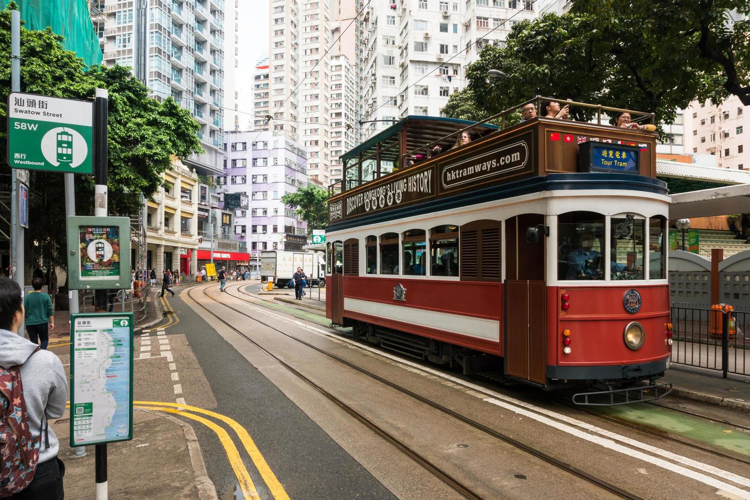 hong kong, 25 de marzo de 2019: paseando entre los rascacielos por las calles de hong kong durante un día nublado foto