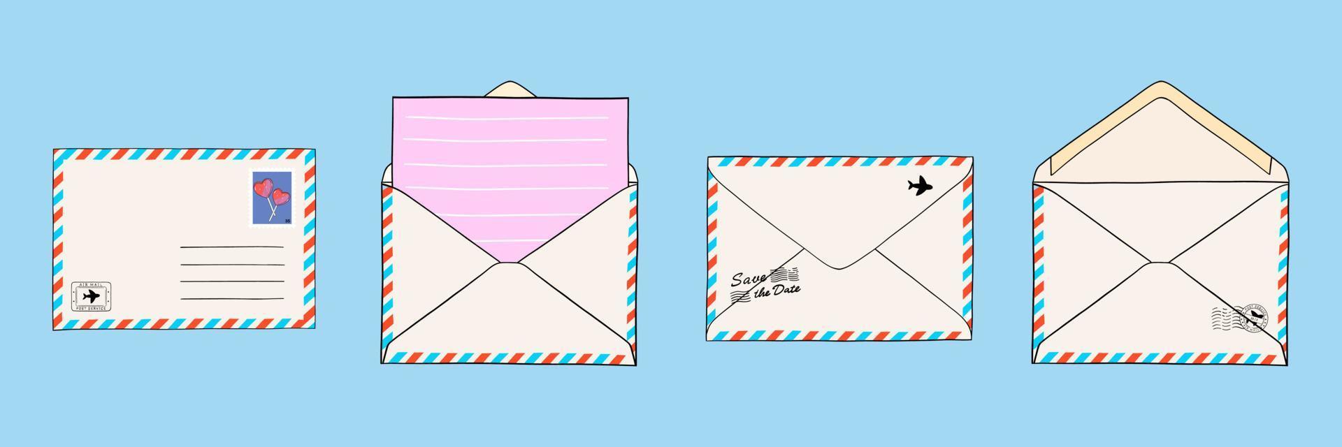 Collection of postal envelopes with mail, postmarks and postcards. Paper document enclosed in an envelope. Isolated vector Illustrations for web and print