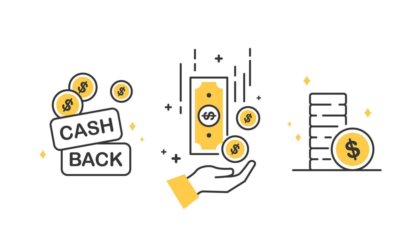 Cashback icon set, Return money, Cash back rebate, Financial services, money refund, return on investment, savings account, currency exchange vector