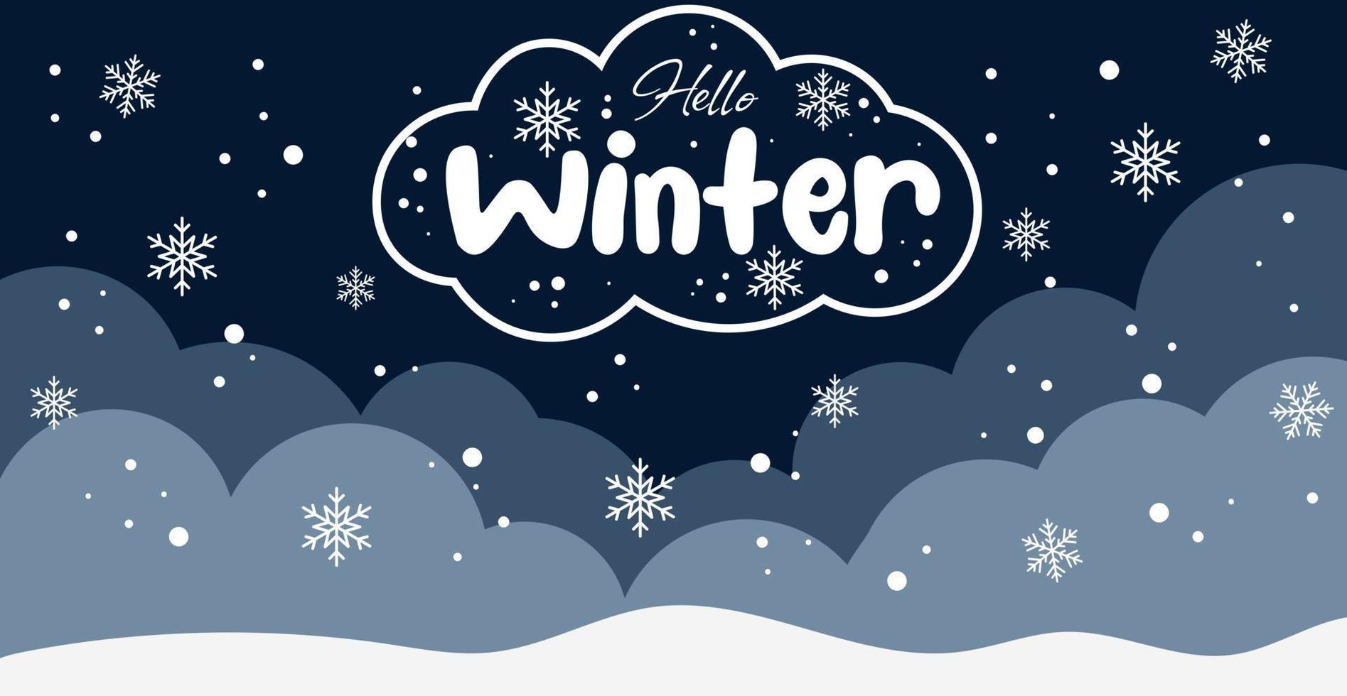 fondo de invierno de dibujos animados con ventisqueros, nieve y letras hola invierno vector