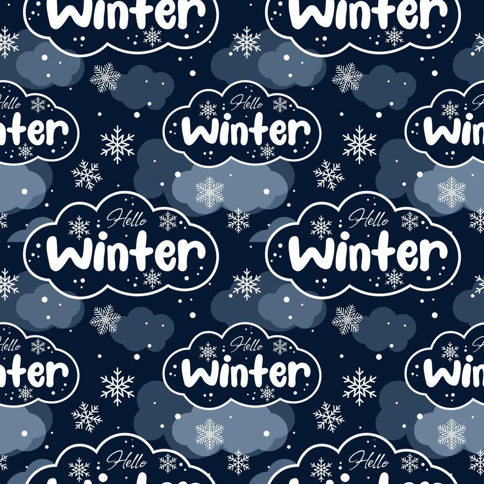 Cartoon winter pattern with snowflakes, snow clouds and inscription hello winter vector