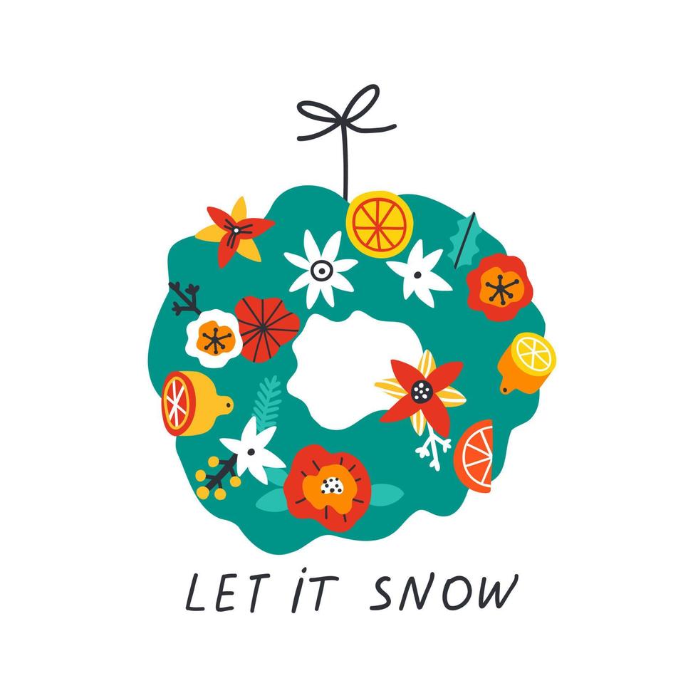corona de navidad de varias plantas de invierno en estilo plano. vacaciones navideñas. ilustración vectorial vector