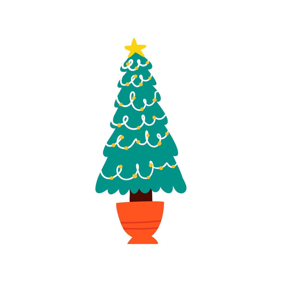 Christmas tree with garlands in a pot. holidays vector illustration in flat style.