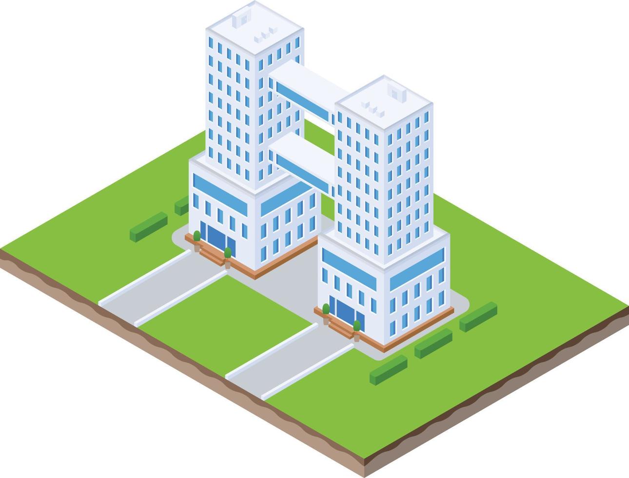 isometric scene of two twin tower building with road and garden vector
