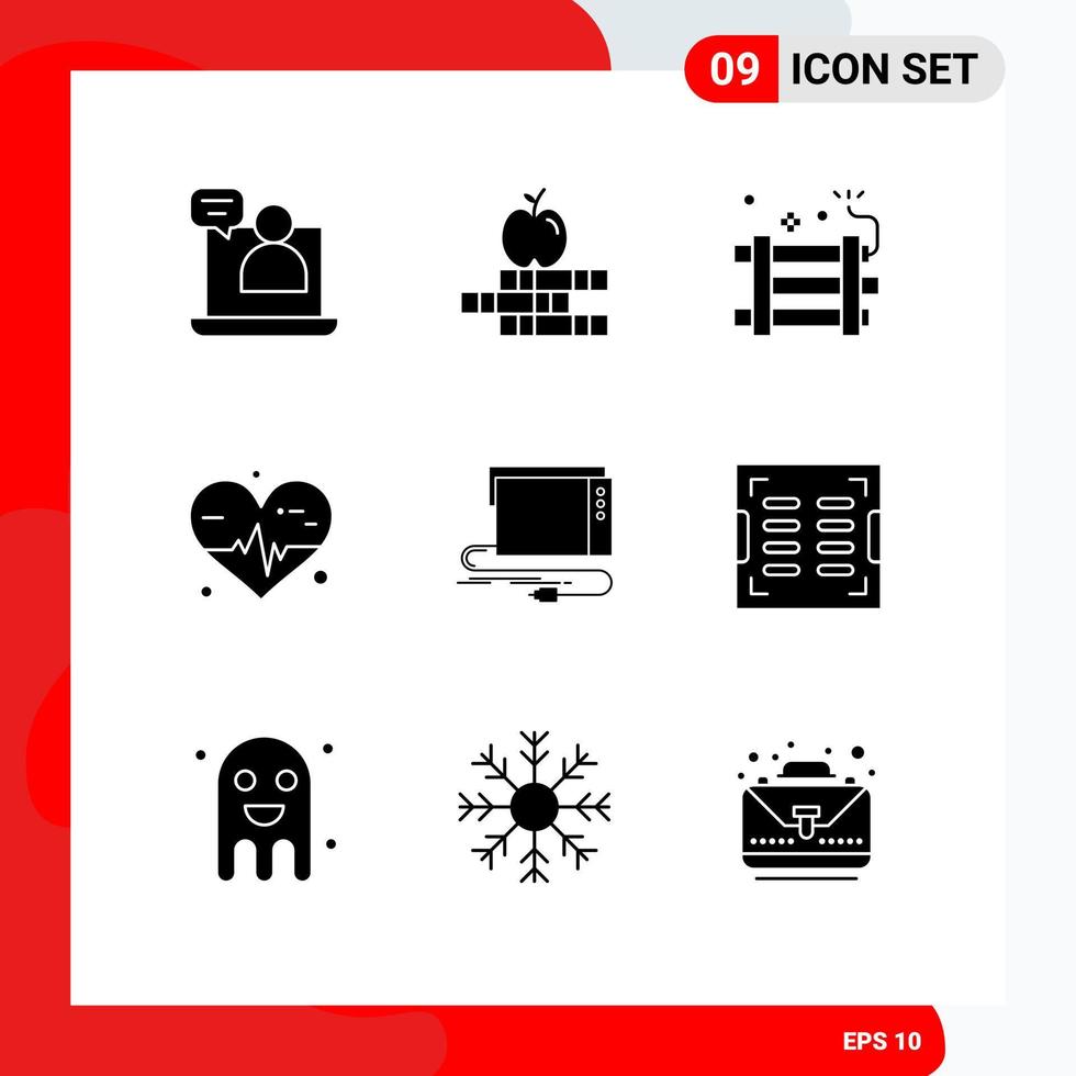 Pack of 9 Modern Solid Glyphs Signs and Symbols for Web Print Media such as external audio dynamite medical heart Editable Vector Design Elements