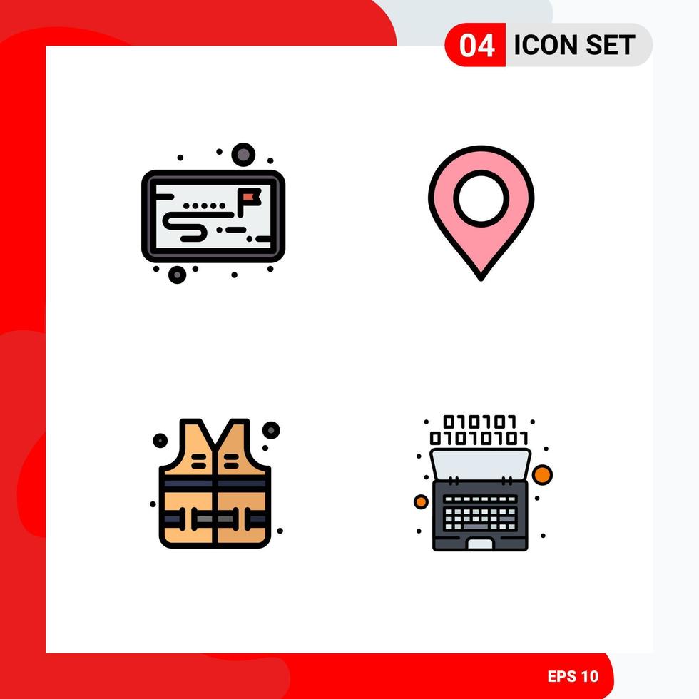 Pack of 4 Modern Filledline Flat Colors Signs and Symbols for Web Print Media such as project artificial location lifejacket code Editable Vector Design Elements