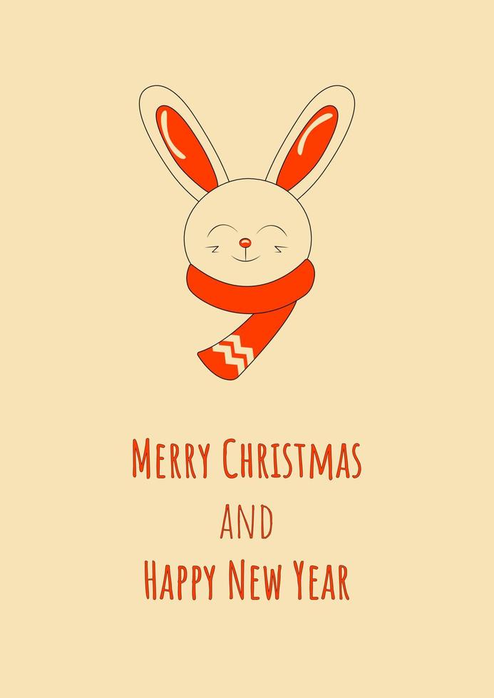 Cute Smiling Christmas Bunny Wearing a Scarf Merry Christmas and Happy New Year Greeting Card or Background in Retro Style vector