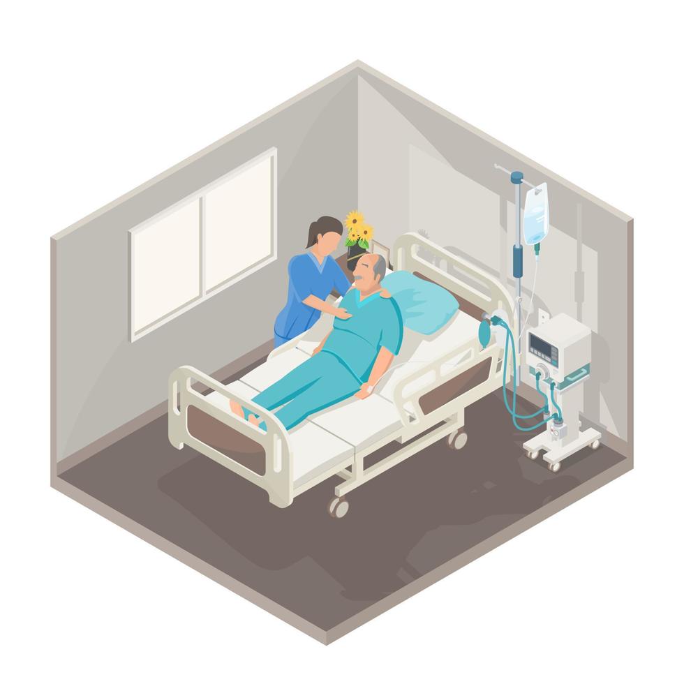 paciente postrado en cama concepto de cuidado de ancianos anciano habitación de hospital isométrica vector