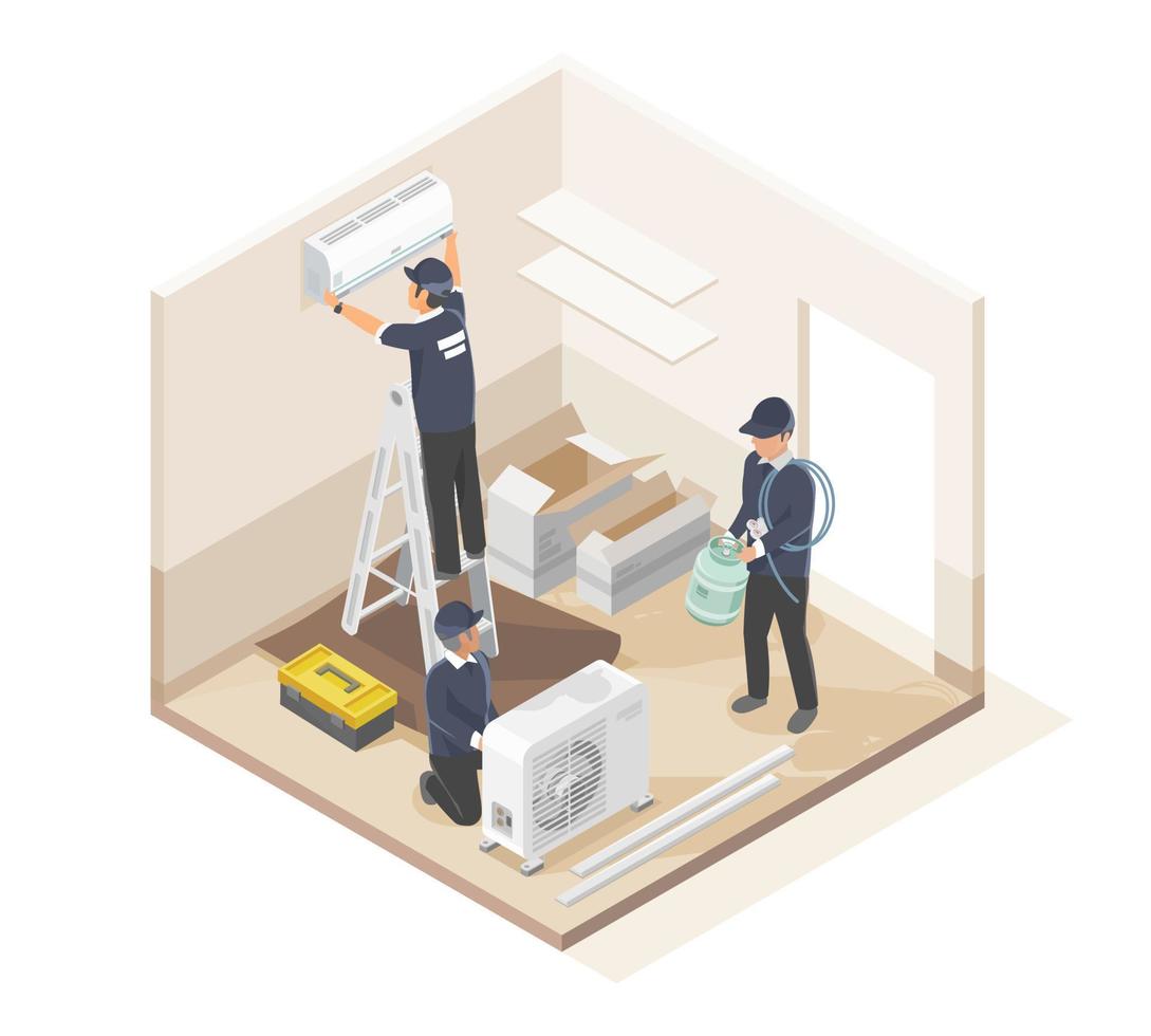 air conditioner installation and maintenance home services worker install at customer house room isometric vector isolated