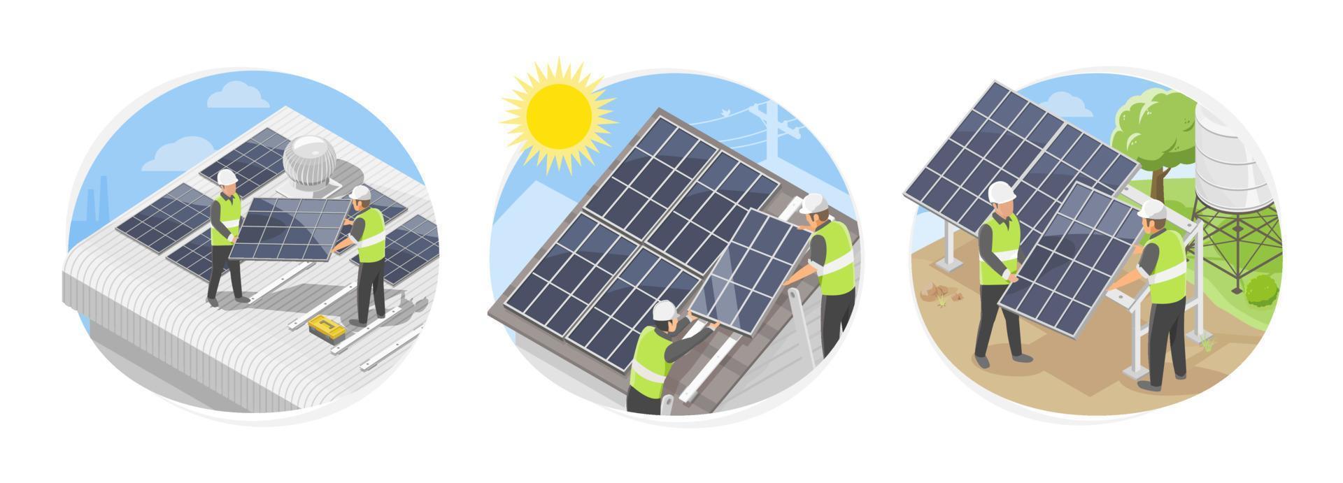 concepto de símbolos de servicio del equipo de instalación de techo de celdas solares para casa de almacén de fábrica e instalador de granja ecología energía verde isométrica aislar vector