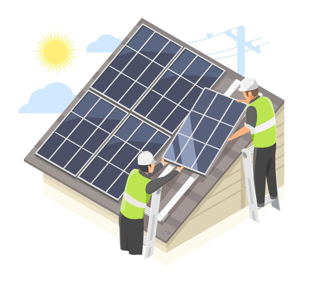 concepto de servicio de equipo de instalador de techo solar para la ecología del hogar del cliente y el vector aislado isométrico de negocios ecológicos