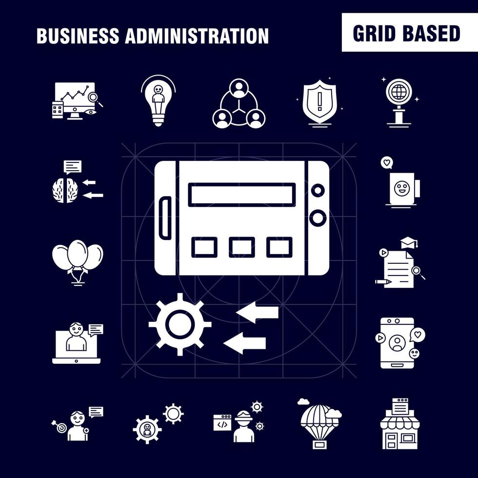 Business Administration Solid Glyph Icons Set For Infographics Mobile UXUI Kit And Print Design Include Brain Mind Setting Gear Beaker Chemical Document Gear Collection Modern Infographic vector