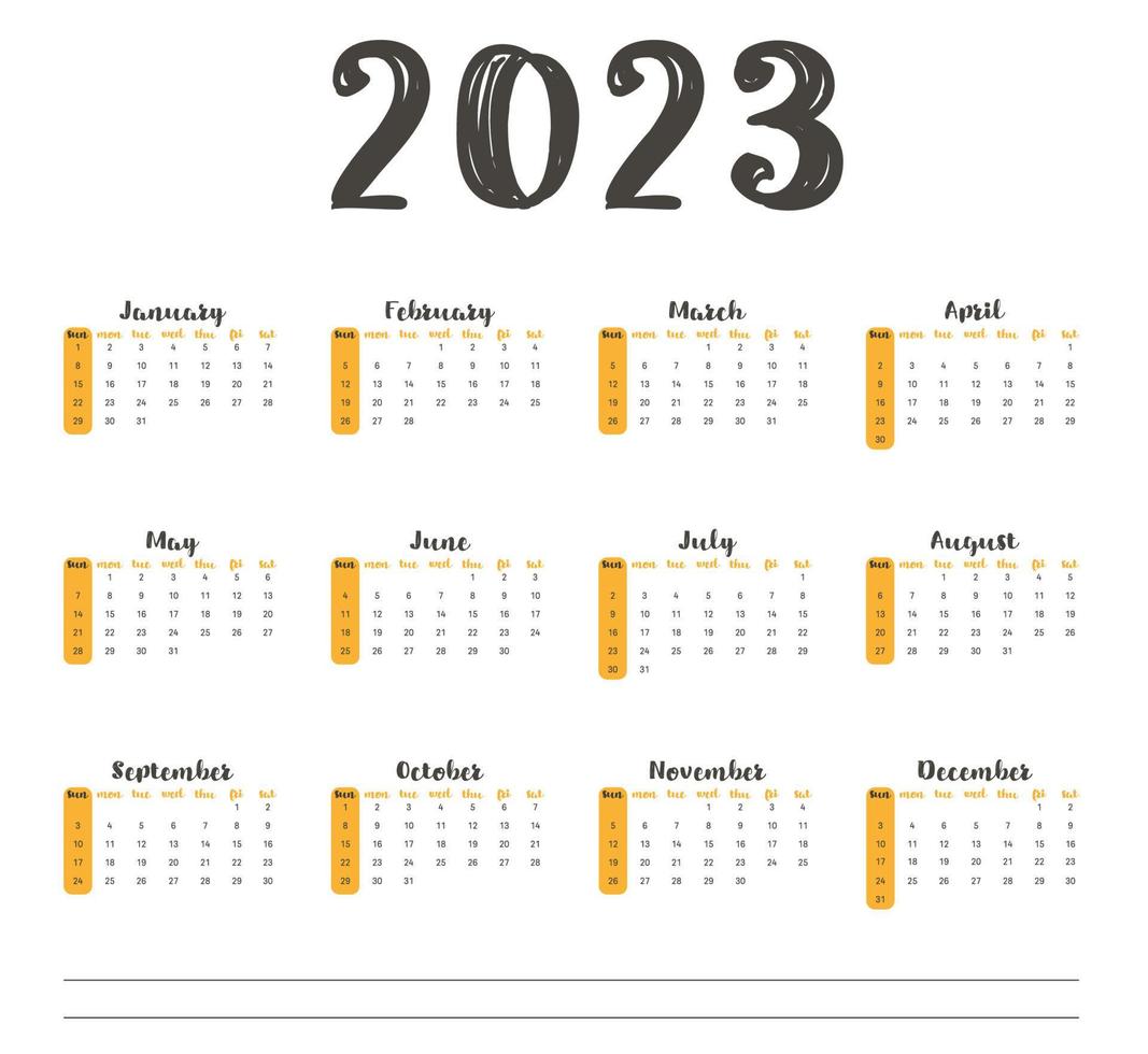 Horizontal calendar 2023 year. Minimalist design. Week starts on Sunday vector