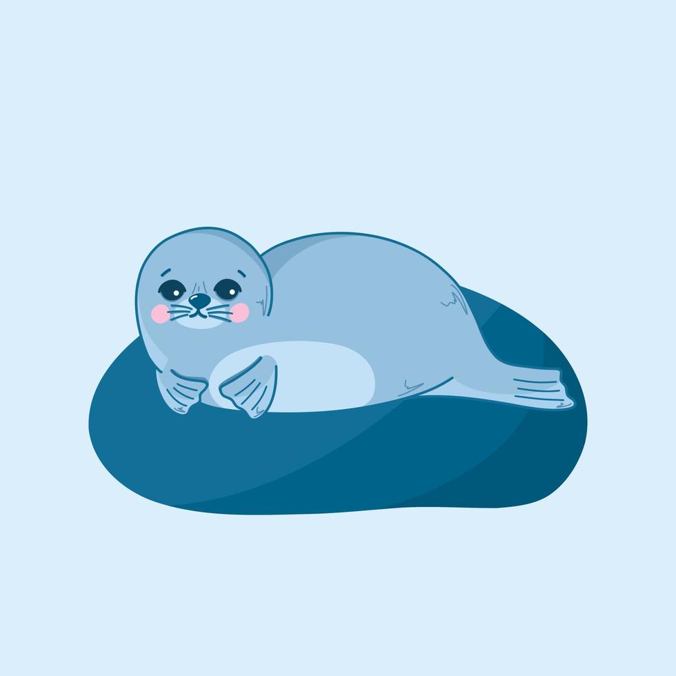 Vector illustration with a cute sea seal on a pebble, a navy seal, funny sea animals in cartoon style. Children's illustration for postcards, posters, pajamas, fabrics