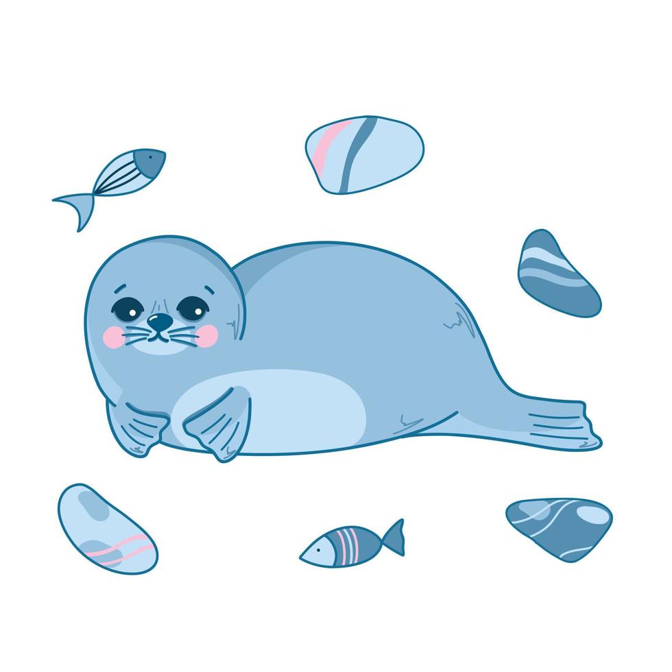 ilustración vectorial con una linda foca marina y guijarros, una foca marina, divertidos animales marinos al estilo de las caricaturas. ilustración infantil para postales, carteles, pijamas, telas, vector