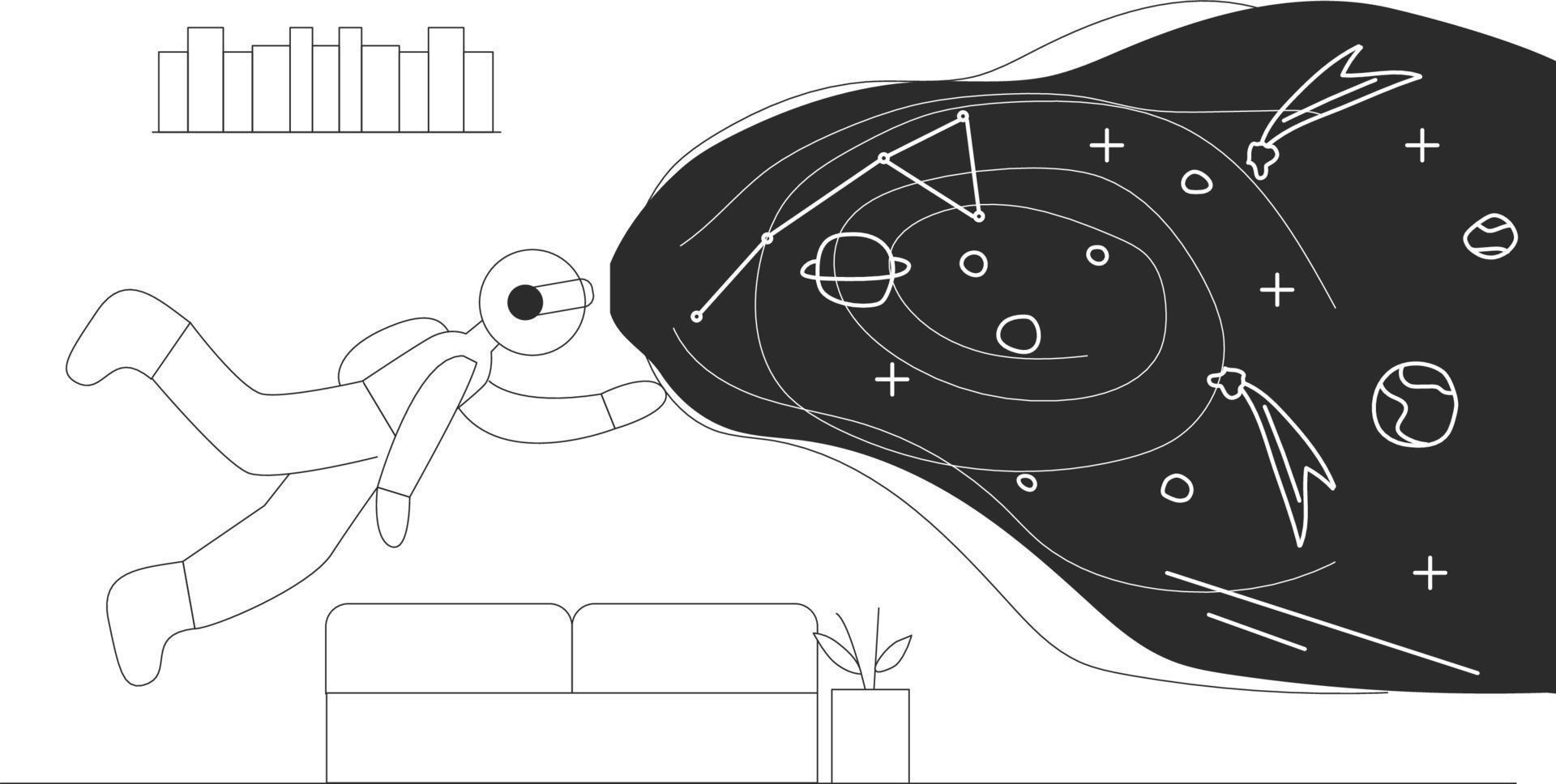 el hombre con gafas vr descubre el espacio. concepto de universo virtual. un personaje con traje de astronauta. ilustración vectorial en estilo de contorno. vector