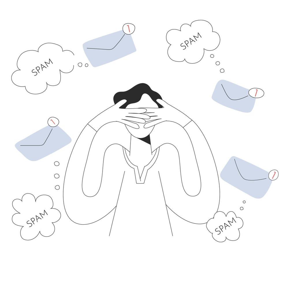 A man tired of spam messages covers his face with his hands.  the concept of annoying advertising. vector