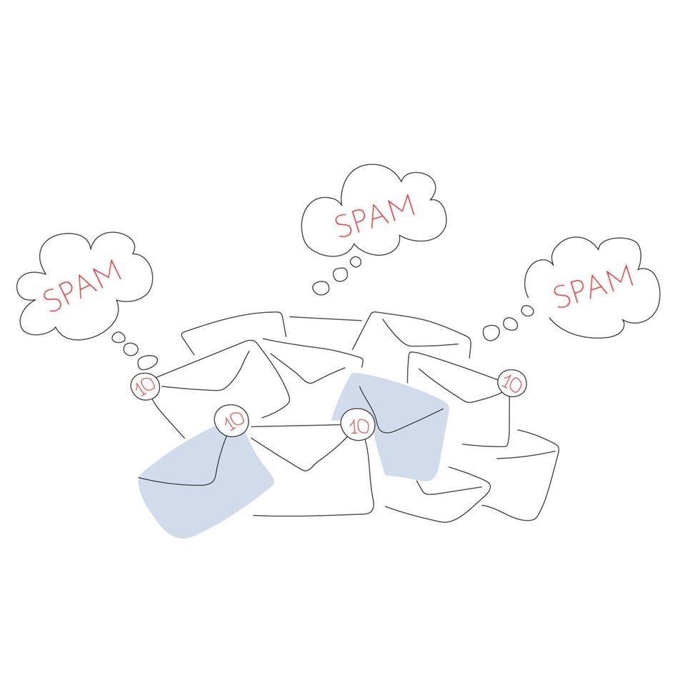A pile of spam emails with text bubble. the concept of annoying advertising. Vector illustration in flat style