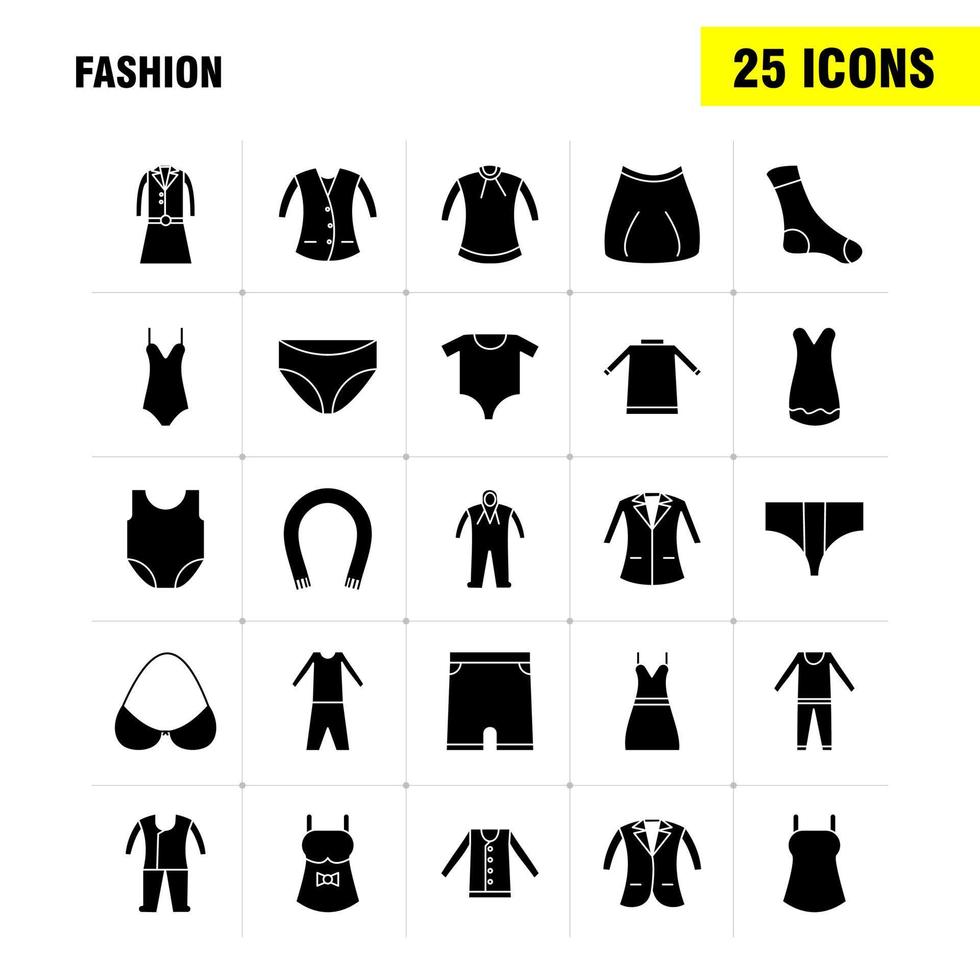 los iconos de glifos sólidos de moda establecidos para infografías kit de uxui móvil y diseño de impresión incluyen camisas, prendas de vestir, vestidos, prendas de vestir, prendas de vestir, colección de telas, logotipo e imagen de infografía moderna vector