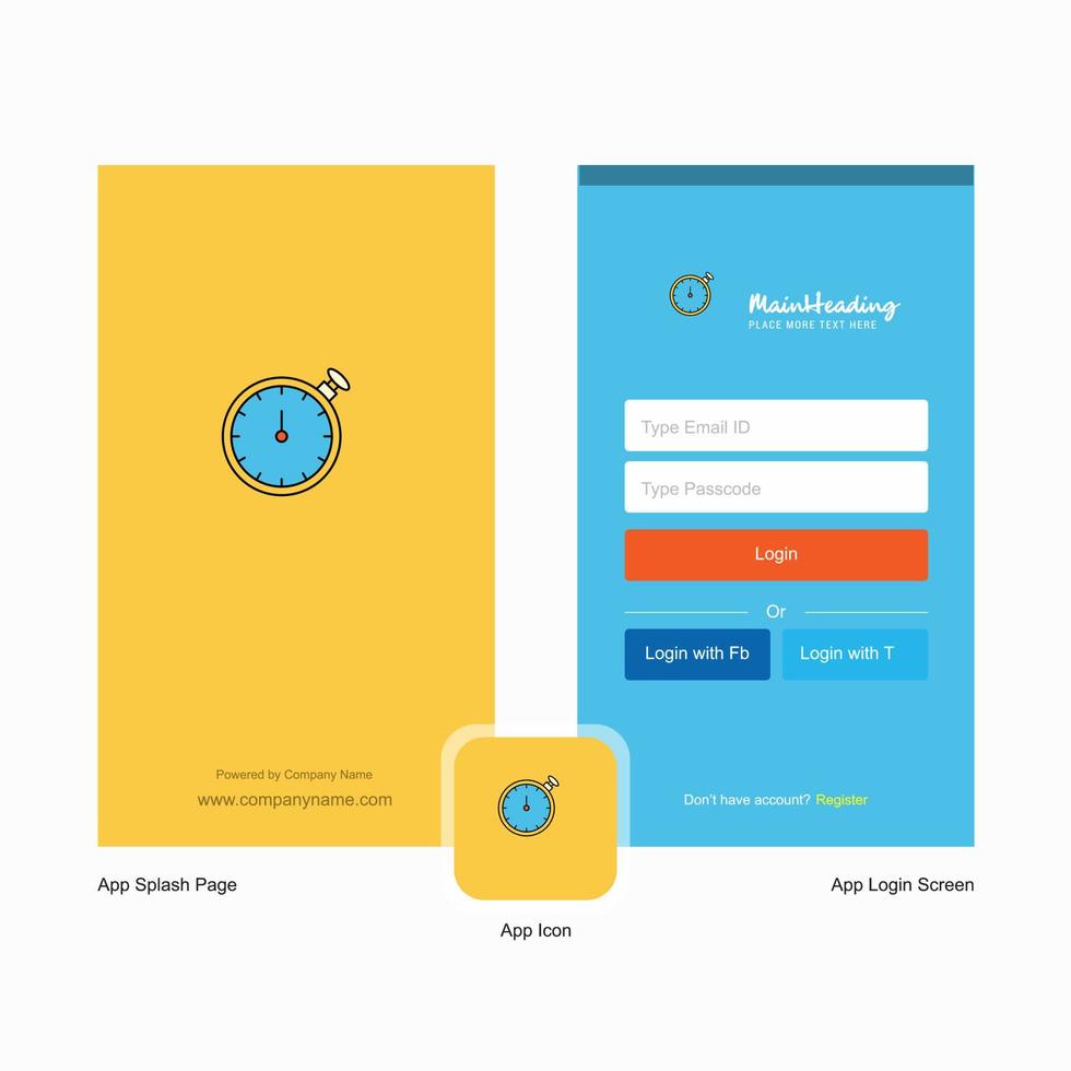 Company Stopwatch Splash Screen and Login Page design with Logo template Mobile Online Business Template vector