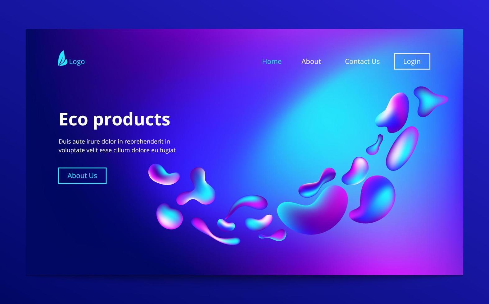 Landing site page template. Header for website. Liquid flow glow, lava lamp geometric background for banner, card, UI design or wallpaper. Gradient blue neon mesh wave drop shape. Fluid colorful 3d. vector